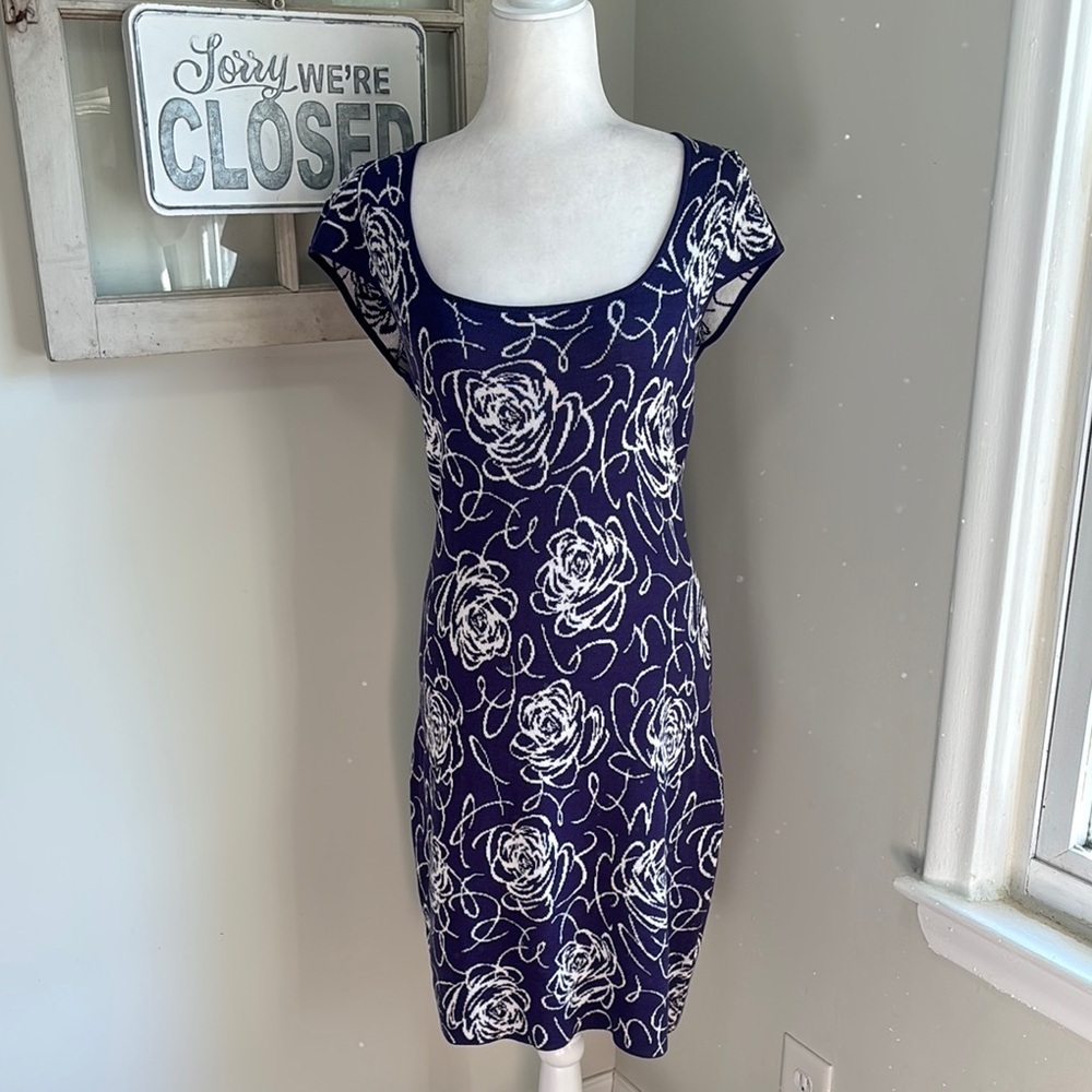 Krimson Klover Rose Floral Print Knit Cap Sleeve Sweater Dress Blue White NWT